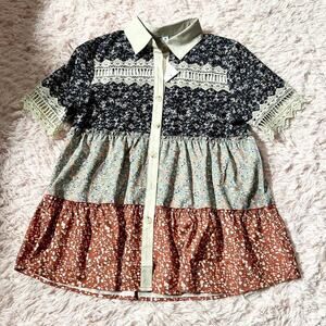 Boho Peasant Color blocked Indie Lace Prairie Tiered Collared Button Down Blouse